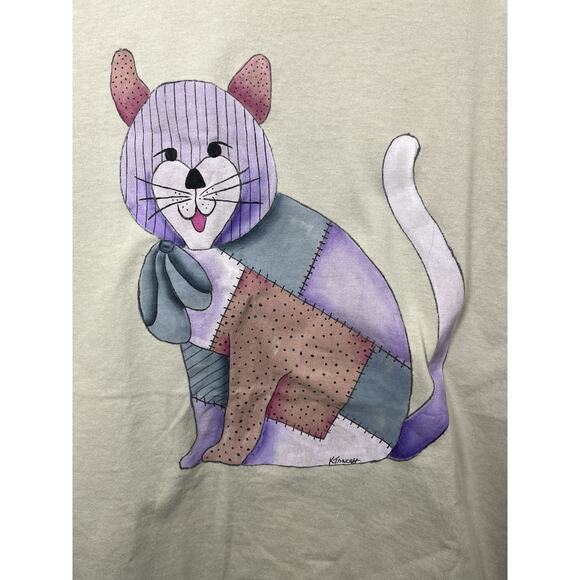 Cat T-shirt Beige Grandmacore Y2K Patchwork Medium Cat Lady Painted Tracey - Picture 2 of 6